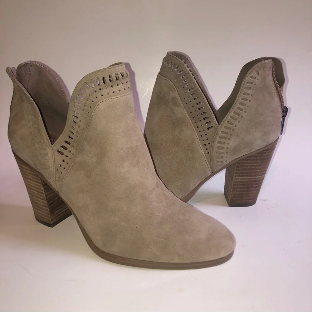 Vince Camuto Fileana French Taupe Split Shaft Laser Cut Out Ankle Boots
